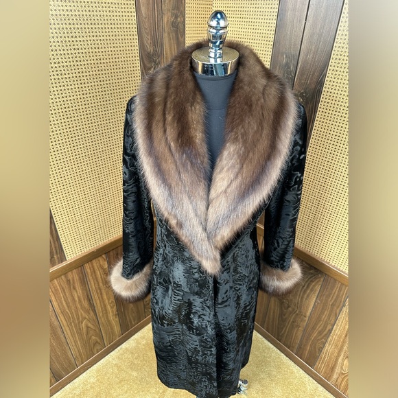 BADGLEY MISCHKA DESIGNER RUSSIAN BROADTAIL & SABLE FUR TRIM COAT JACKET MEDIUM - Picture 2 of 12